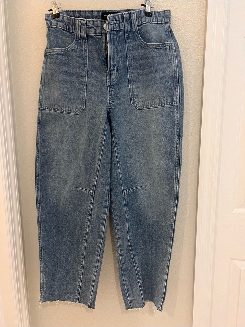 Cropped High-Rise Utility Jeans in Light Blue